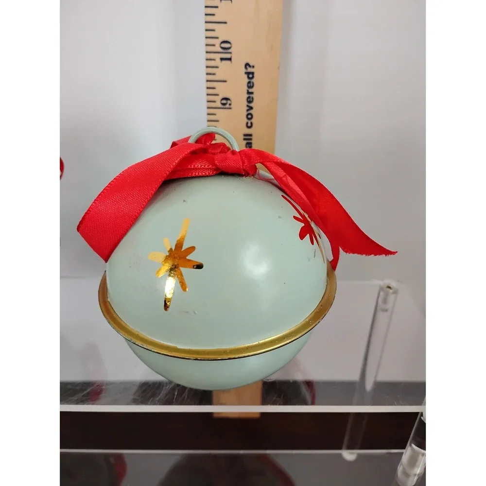 Set of 2 Mint Green Metal Jingle Bell Ornaments with Red Ribbon and Gold Stars